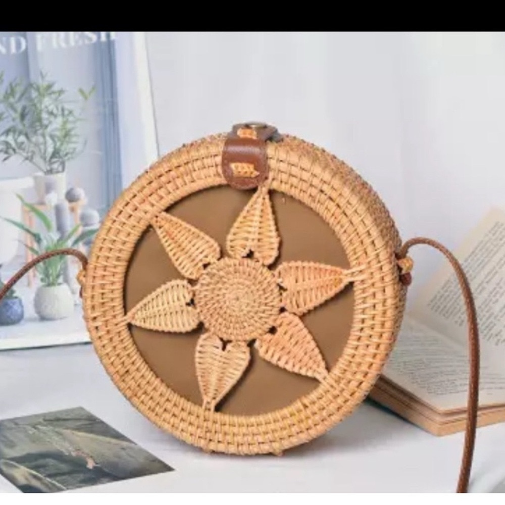 New!Brown and Tan Woven Round Crossbody Bag